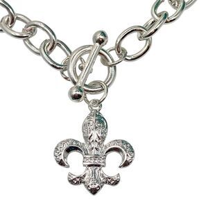 Fleur de Lis French Flower Choker Necklace SilverTone 16" Nola Saints Mardi Gras